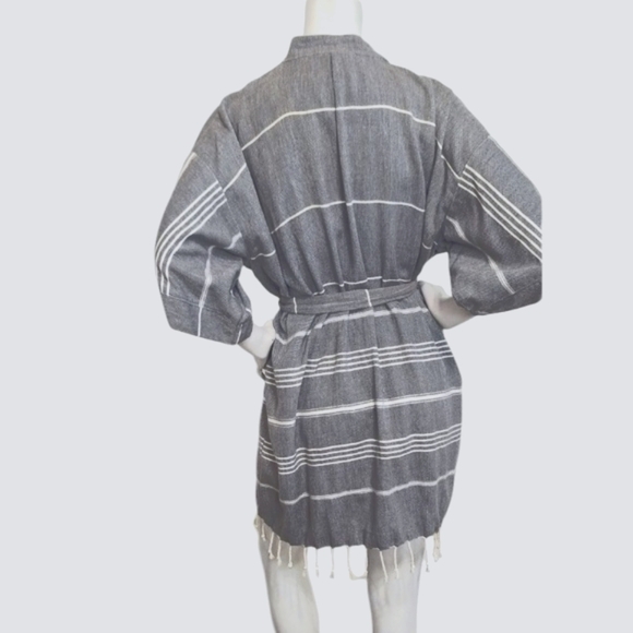 Gray Bohemian Coastal Striped Fringe Hem Belted Kimono Cardigan Size L - Picture 5 of 9